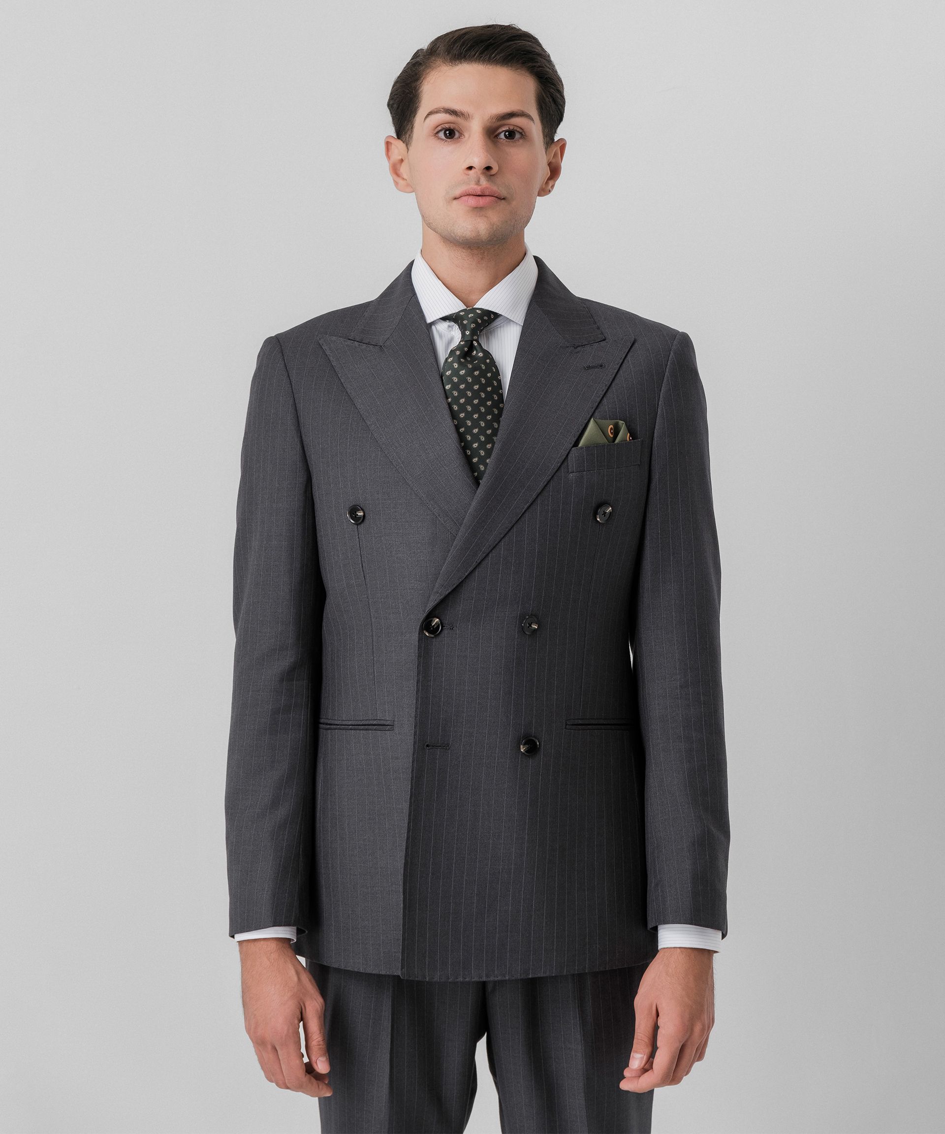 Серый Двубортный костюм в мелкую полоску